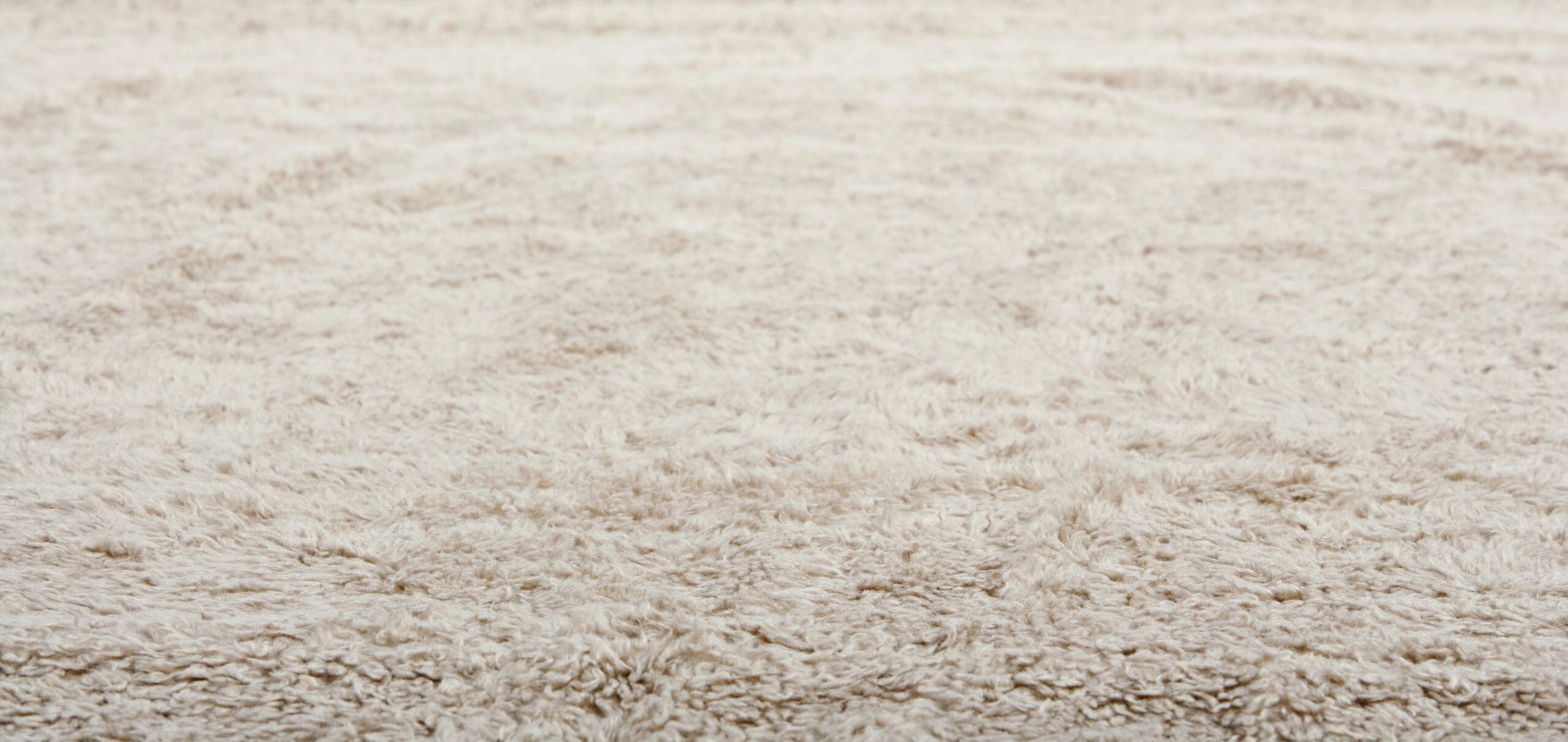 A close-up view of a light beige, fluffy shag carpet with a soft and cozy texture. The fabric fibers appear dense and plush, providing a comfortable and warm surface.