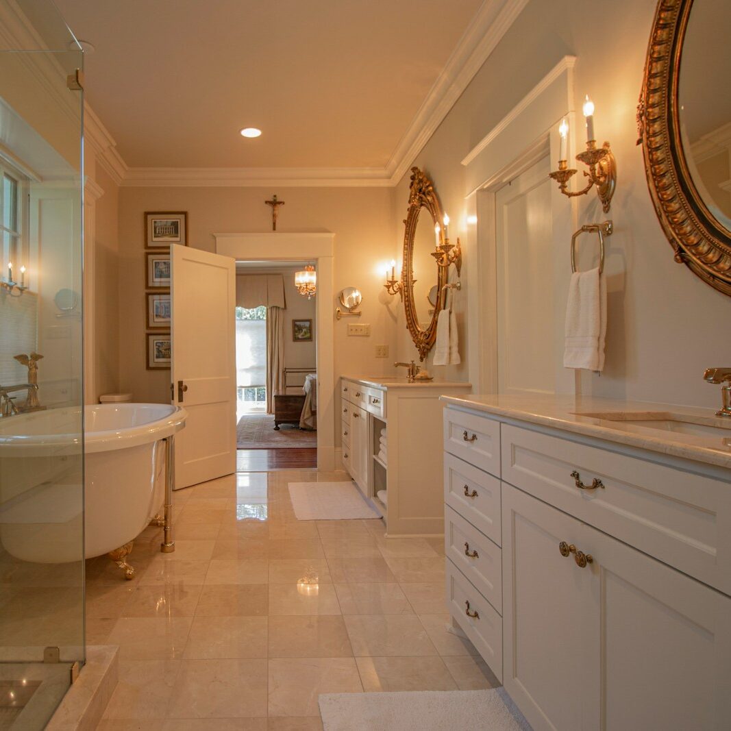 dresser near glass shower stall